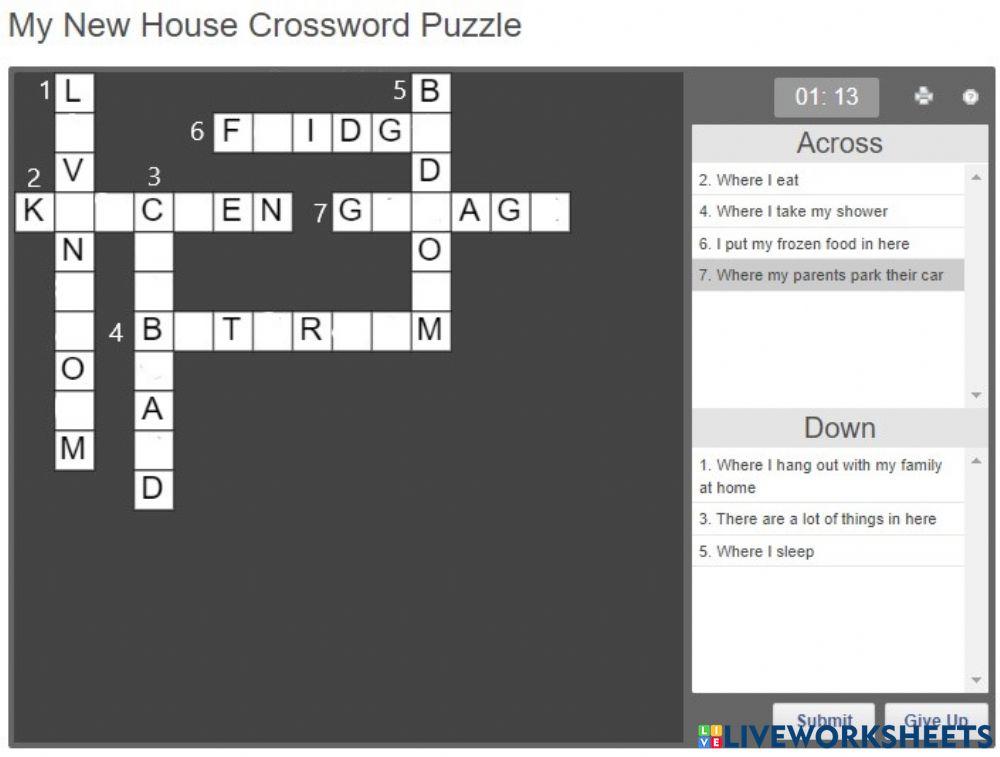 House Crossword Puzzle worksheet Live Worksheets