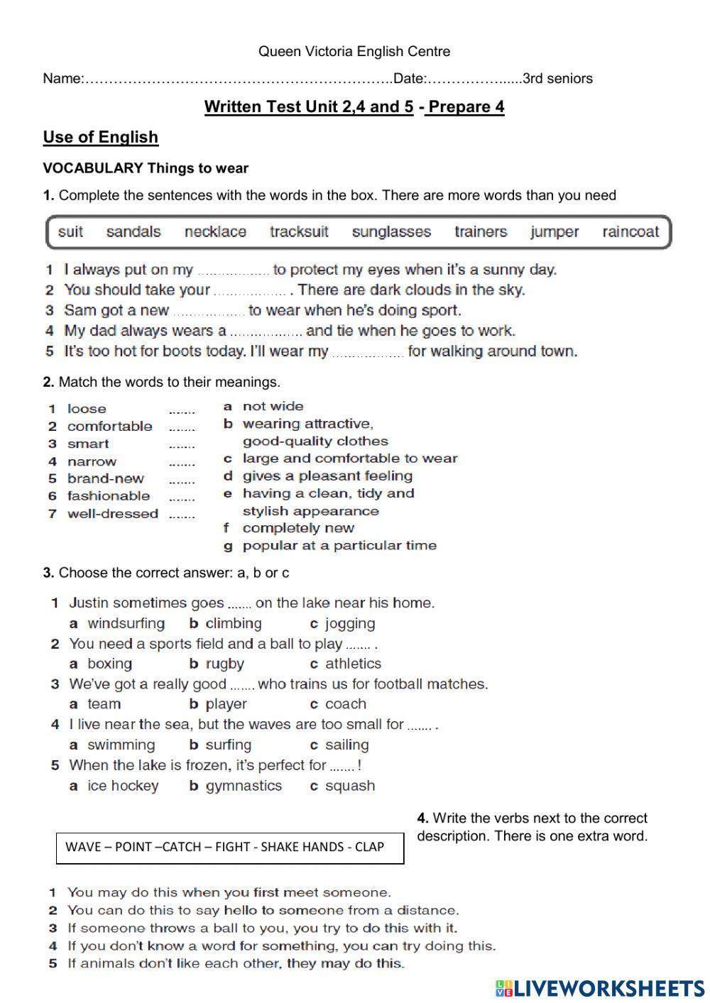 3rd Seniors Test units 2 4 and 5 worksheet Live Worksheets