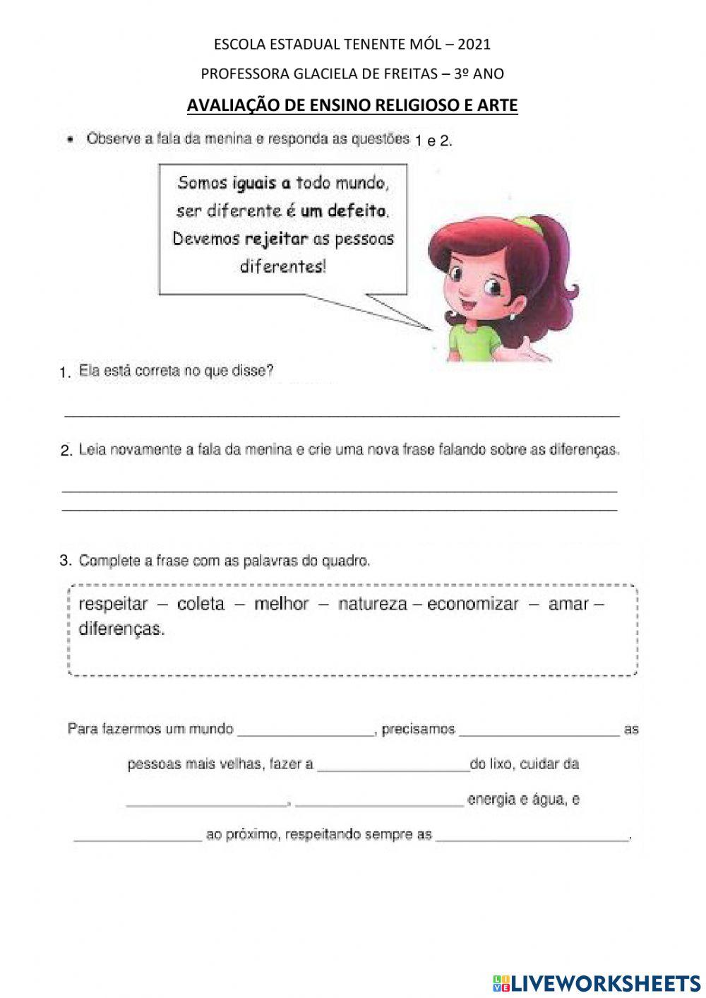 Avaliação de Ensino Religioso e Arte