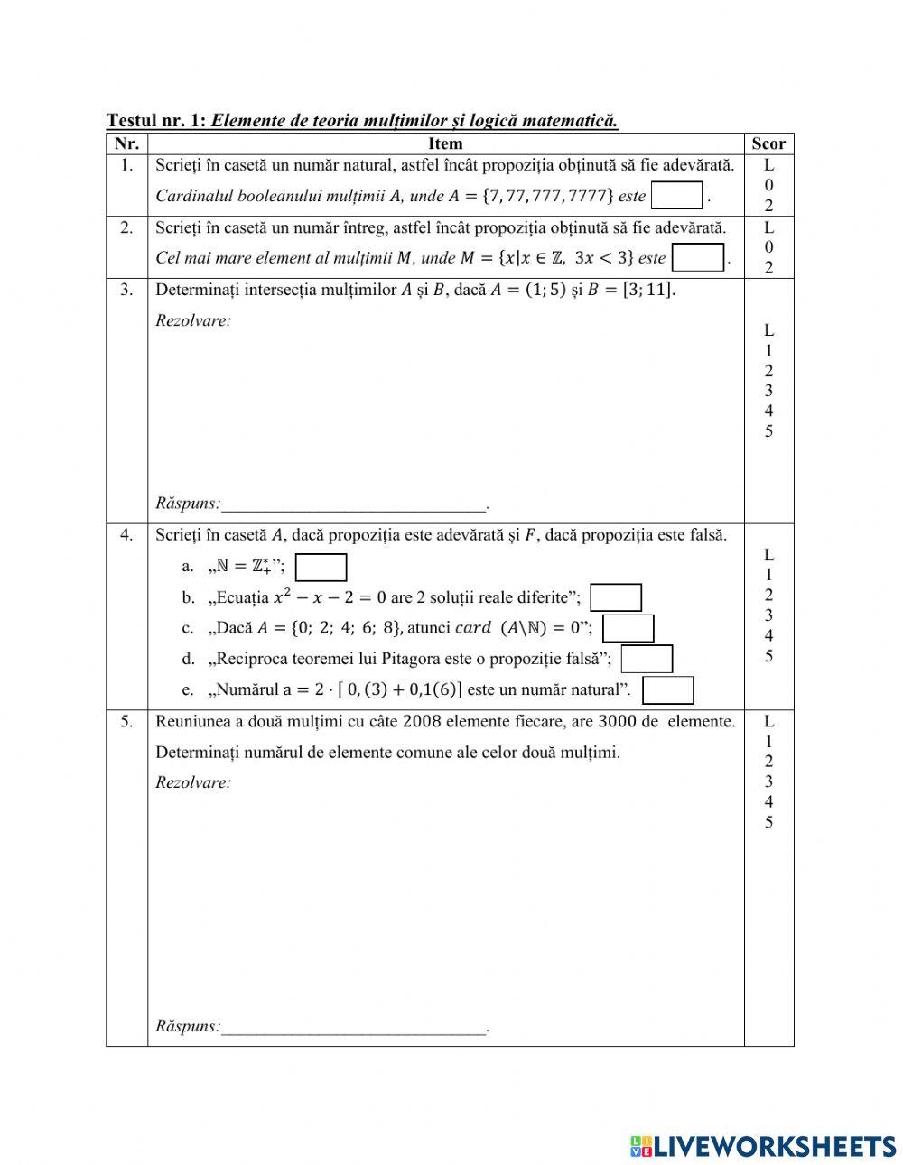 Matematica10R: Capitol 1-test 1