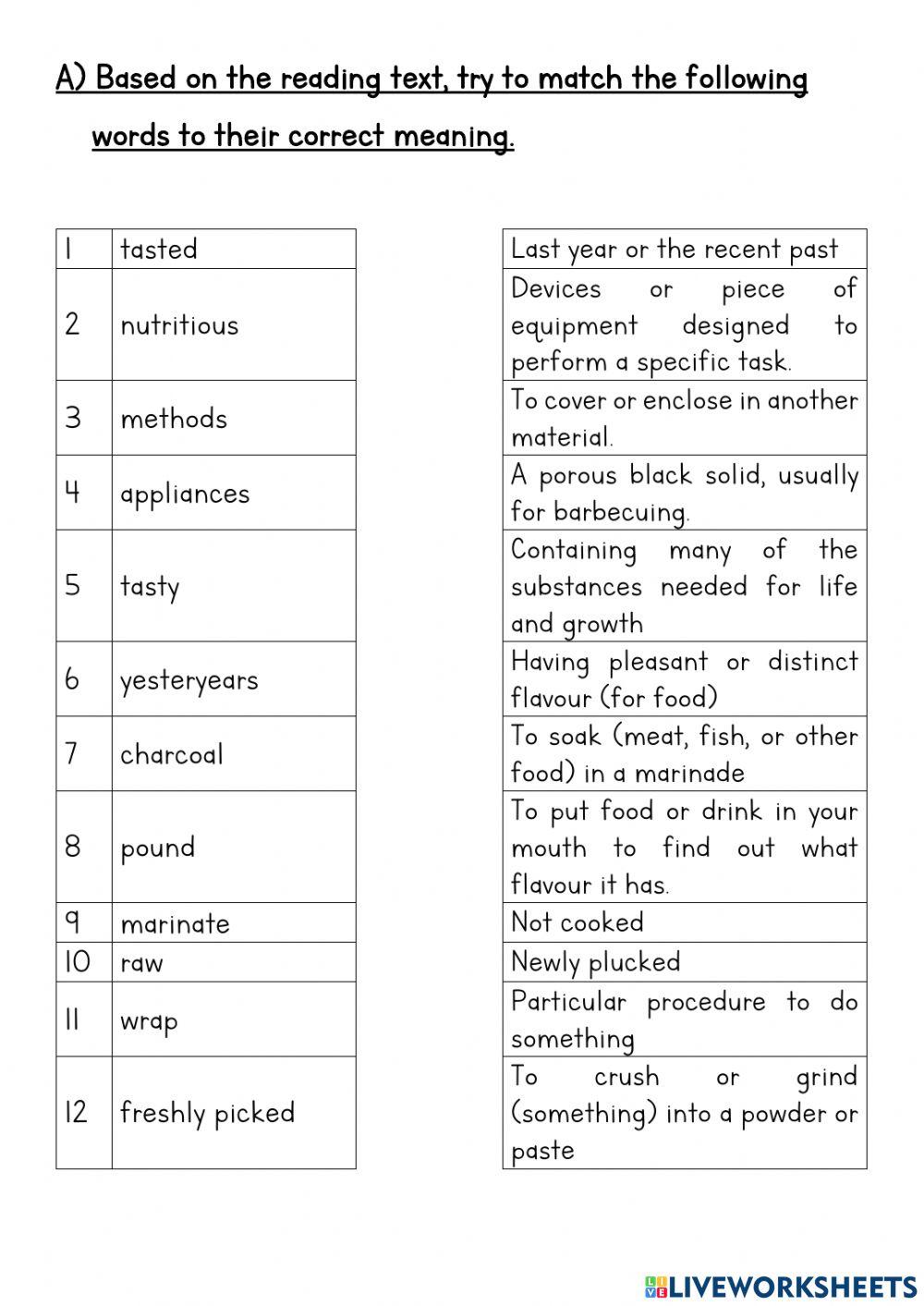 Food - reading comprehension
