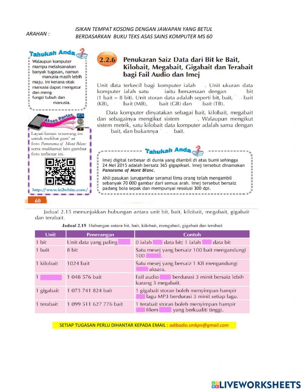2.2.6 penukaran saiz data dari bit ke bait , kilobait,megabait,gigabait dan terabait bagi fail audio  dan imej