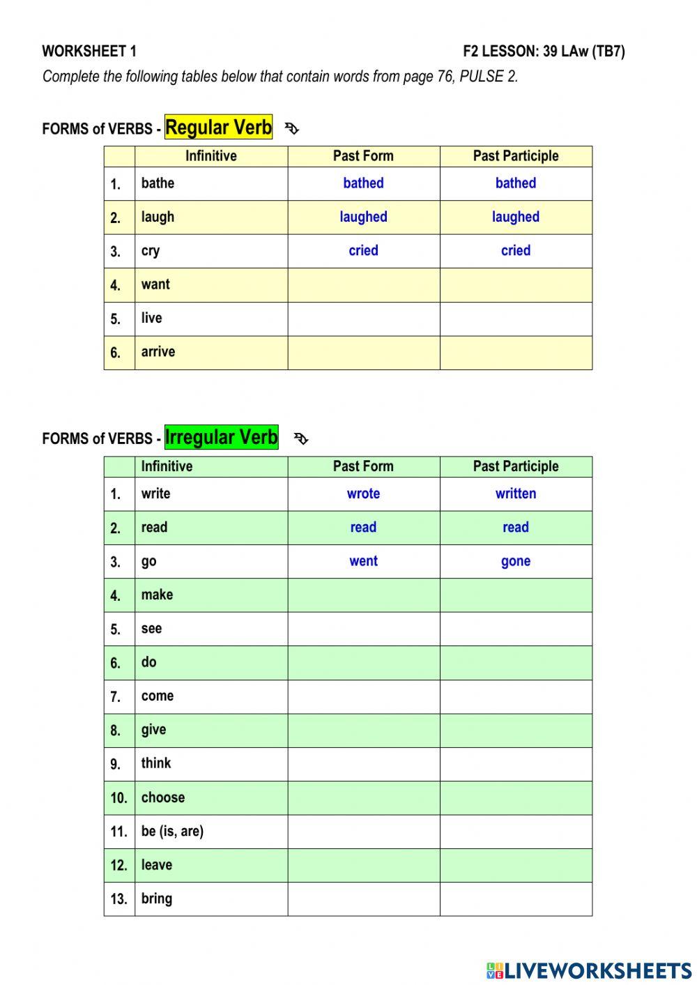 PULSE 2 UNIT 7 page 76 - Forms of Verbs