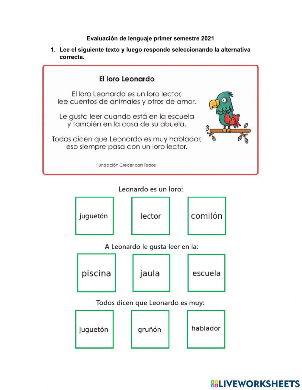 Evaluación de lenguaje, comprensión lectora