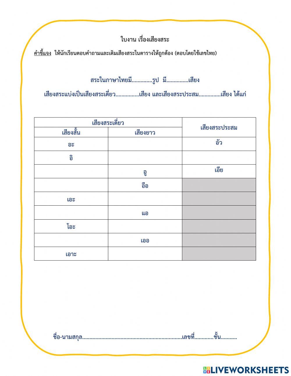 ใบงาน เรื่องเสียงสระ