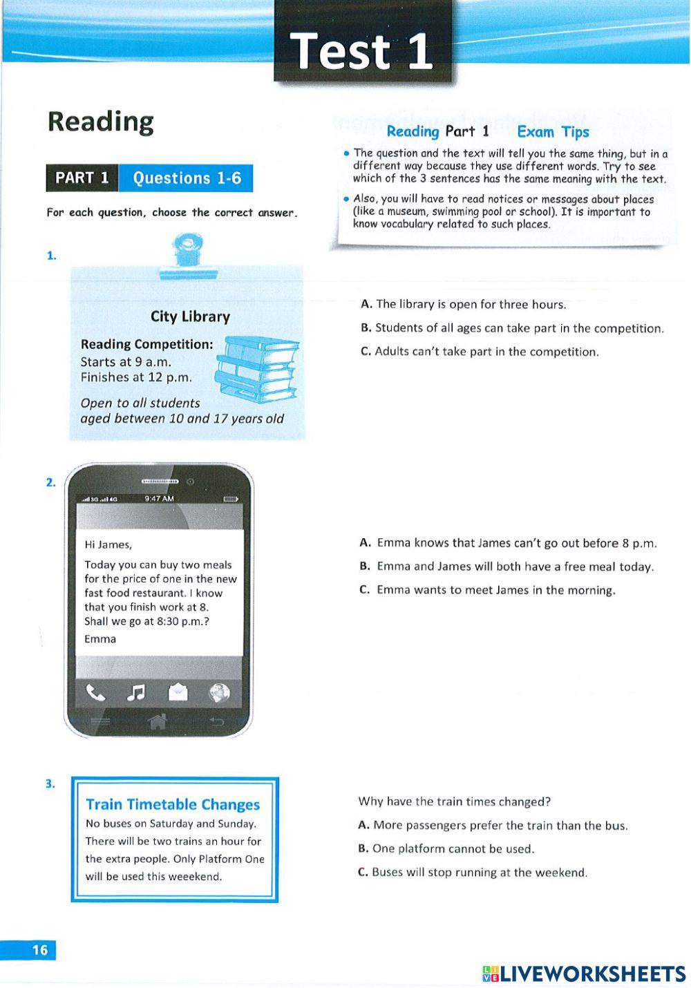 succeed KET 2020 Reading Test01 online exercise for Live Worksheets