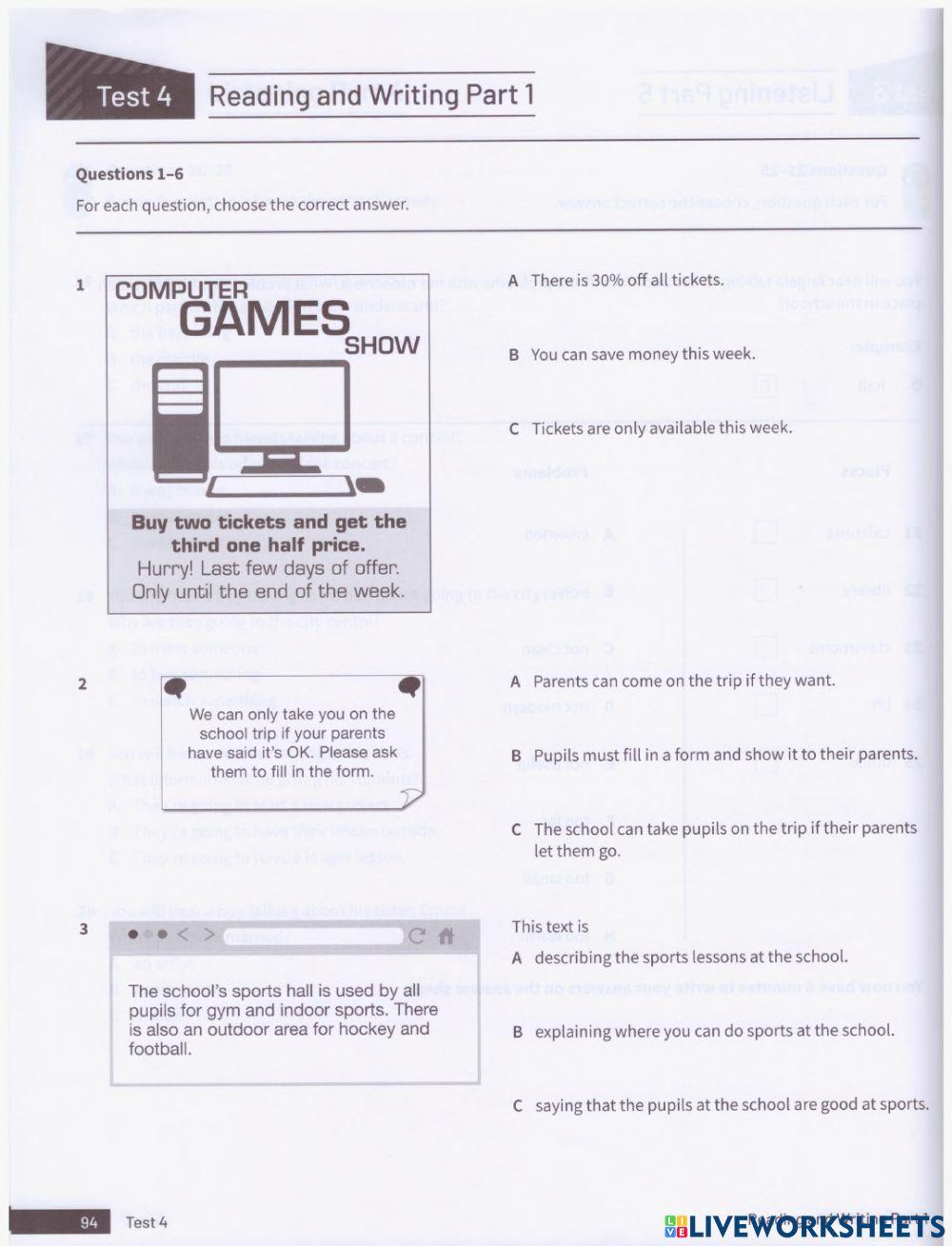 KET Cambridge Trainer Reading Test04 online exercise for Live Worksheets