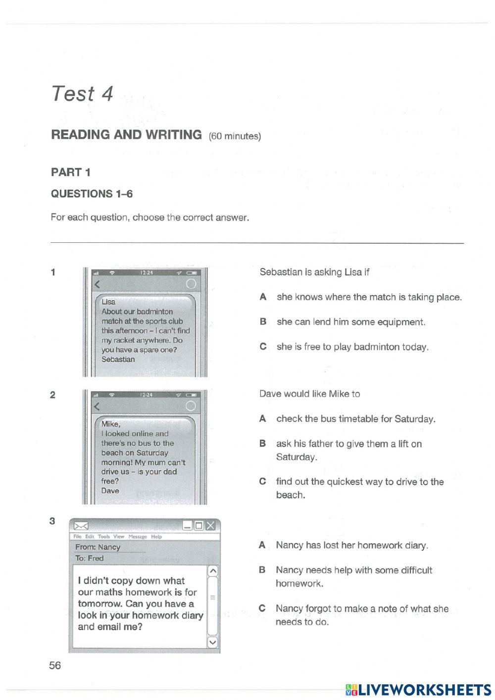 3270852 a2 key for schools 1 test 4 reading and