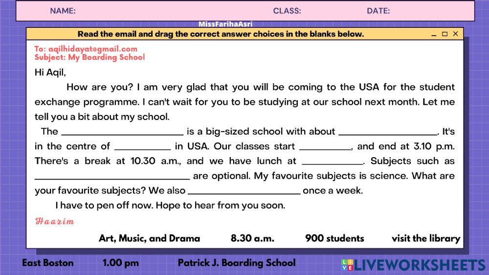 An email about a boarding school