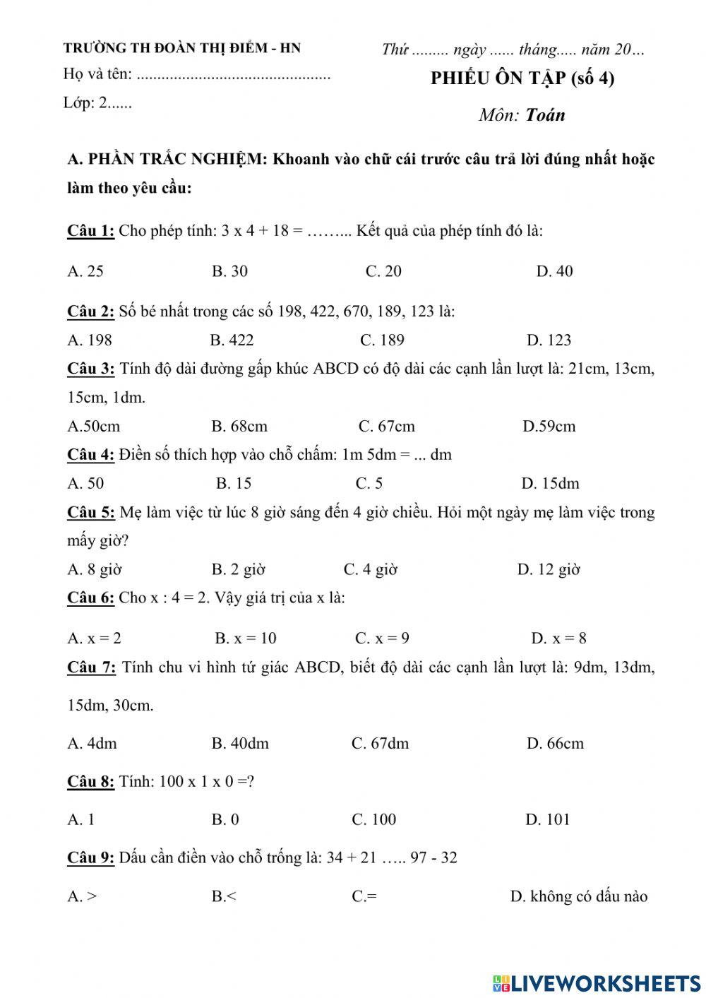 Phiếu Toán ôn hè số 4