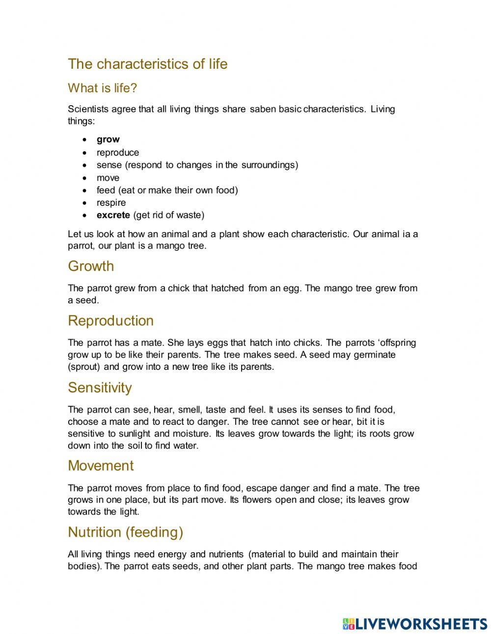 The characteristics of life worksheet Live Worksheets