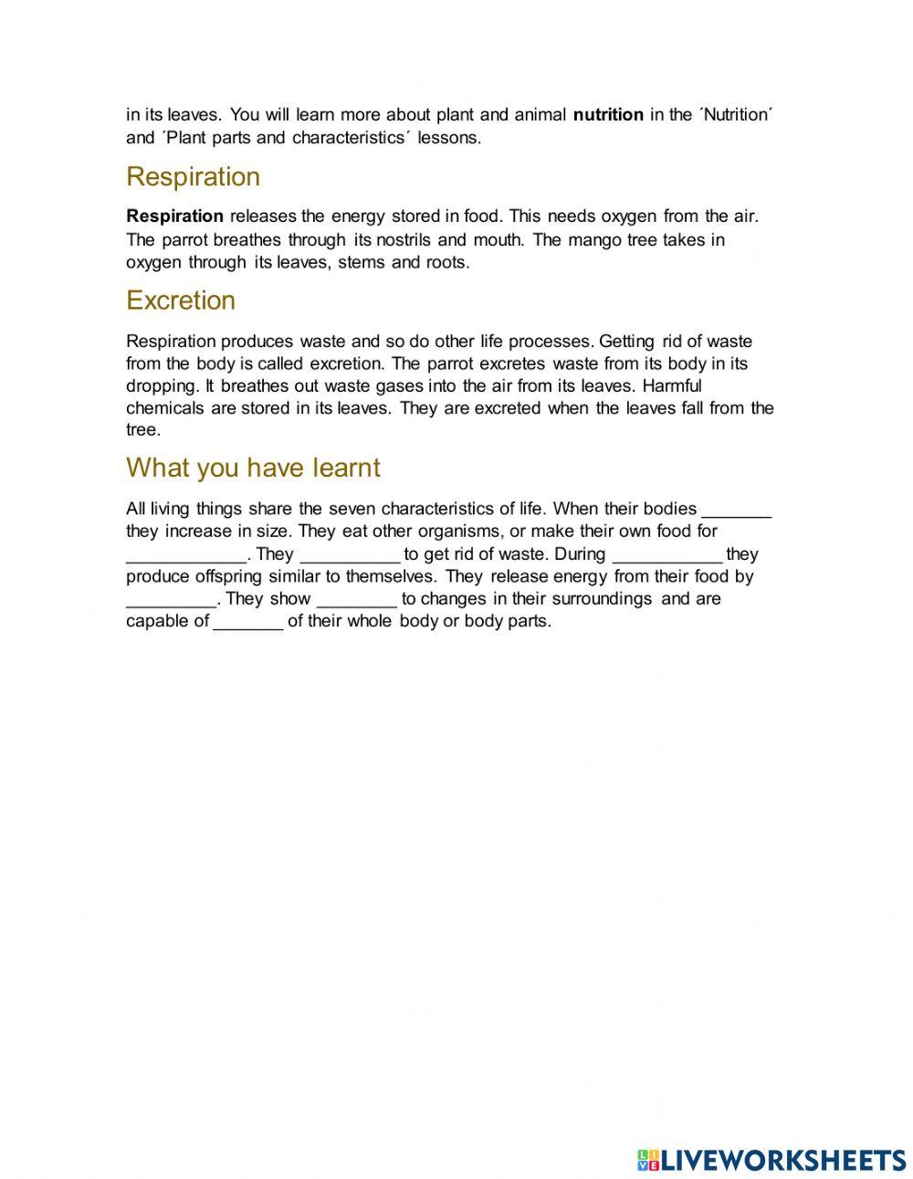 The characteristics of life worksheet Live Worksheets