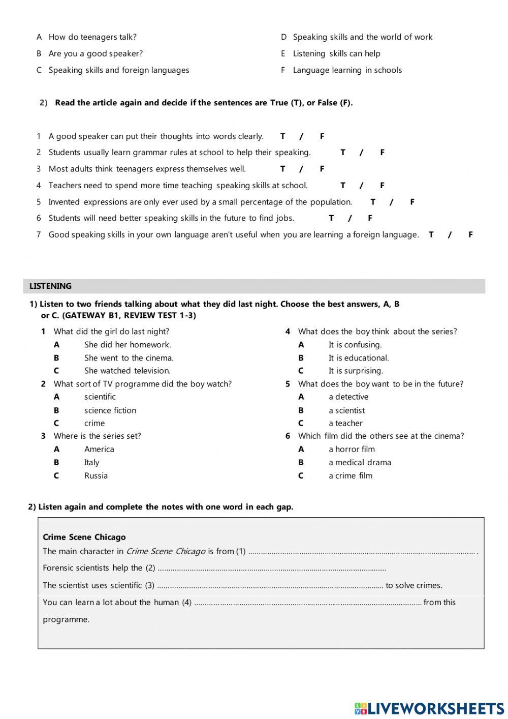 Mid-term test - units 1 to 3 - gold experience b1