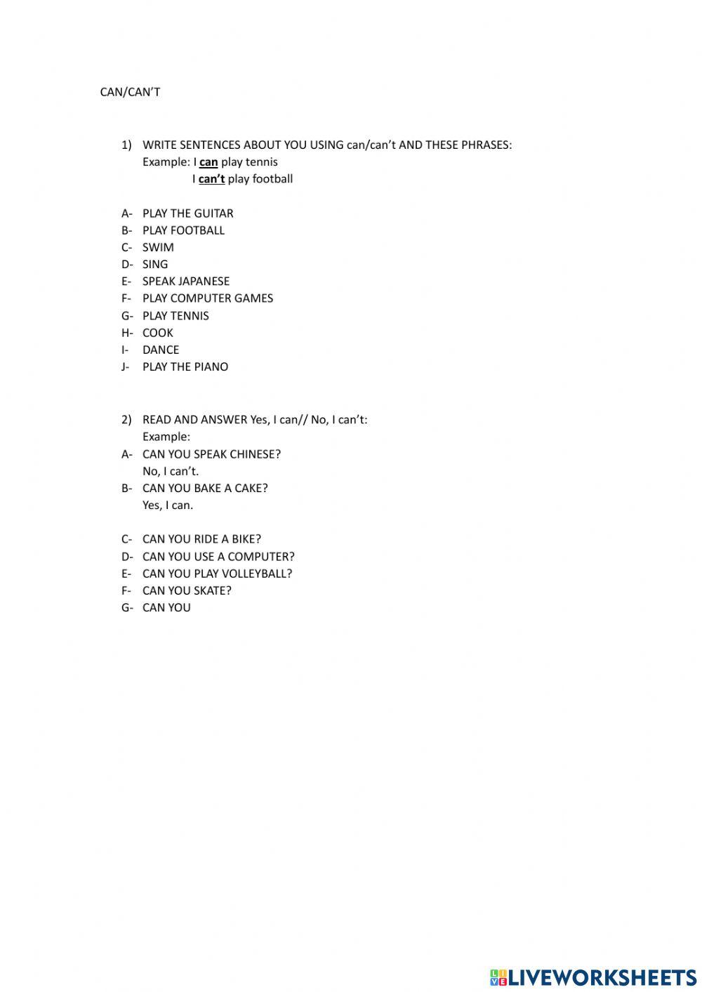 Can can't - affirmative, negative and questions