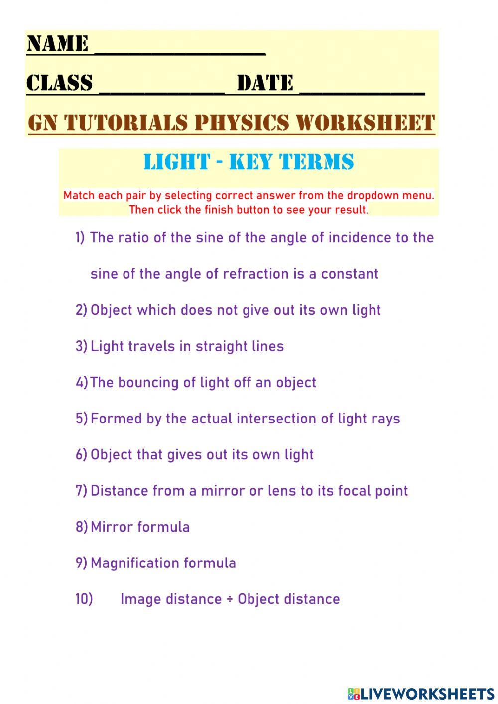 Gn tutorials     physics worksheet on light