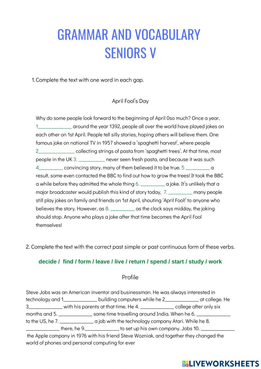 Seniors V: grammar and vocabulary