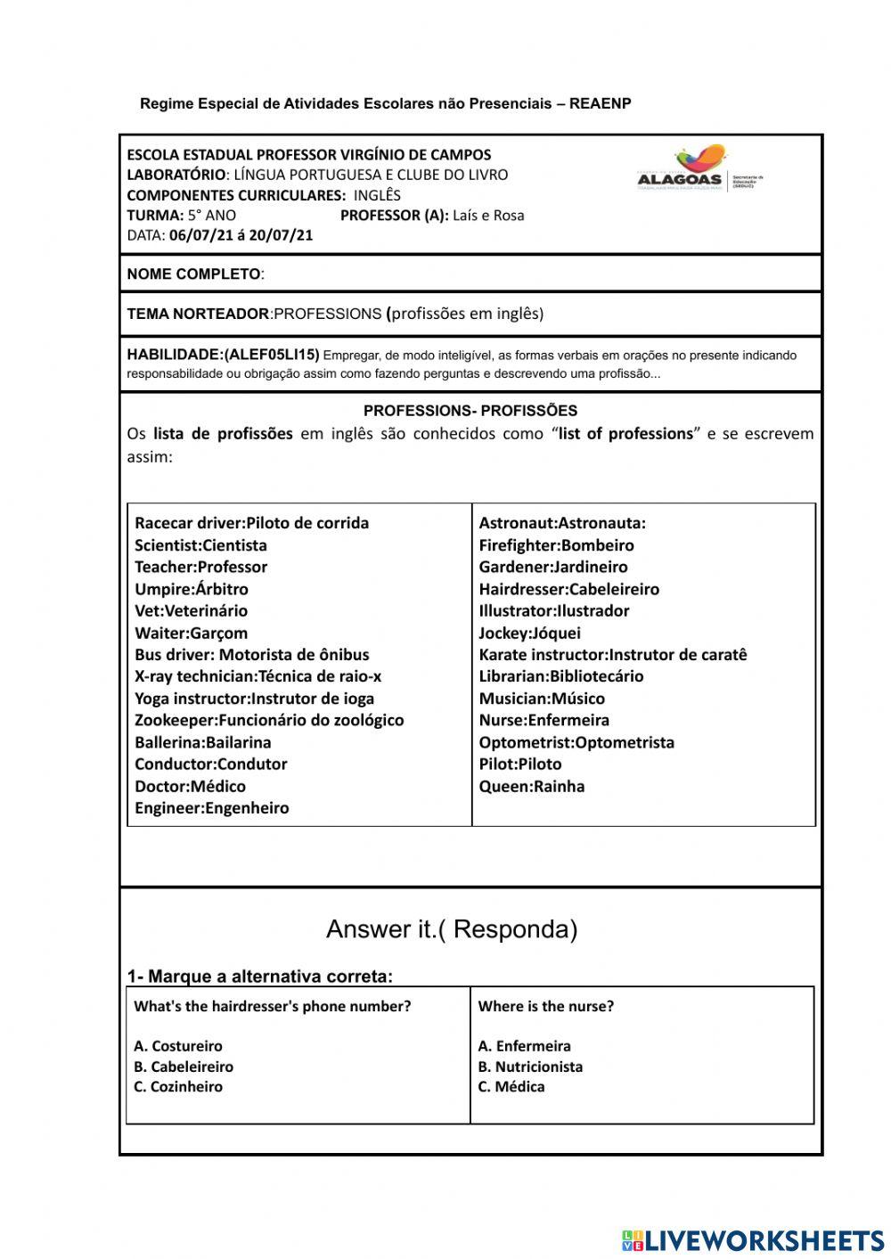 Roteiro de inglês- 5°  ANO 05-08 a 20-08
