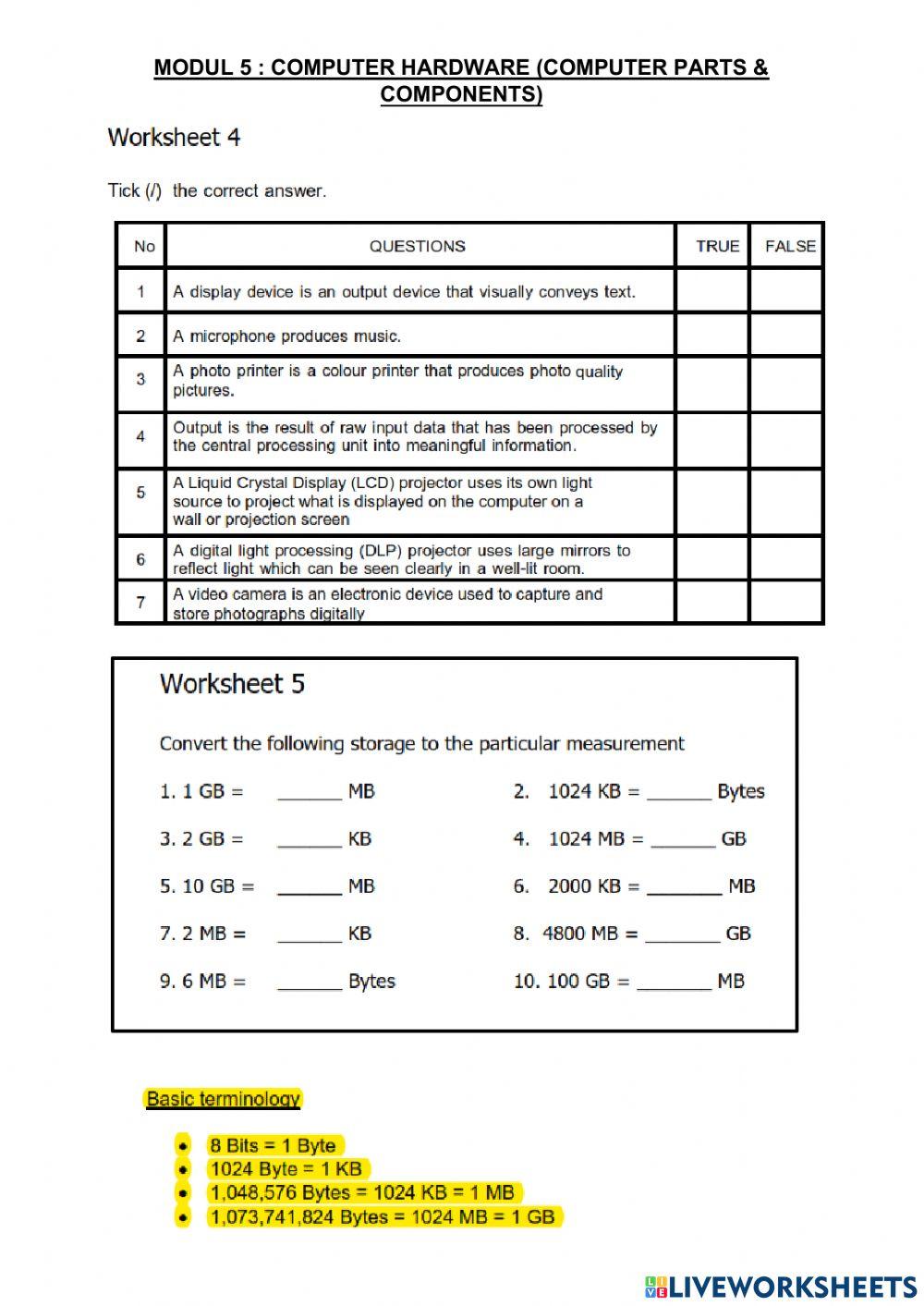Modul 5 : computer hardware worksheet | Live Worksheets