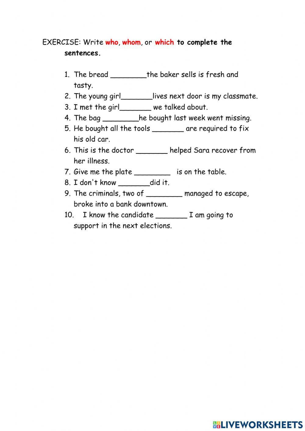 Relative pronouns who whom which online exercise for live worksheets