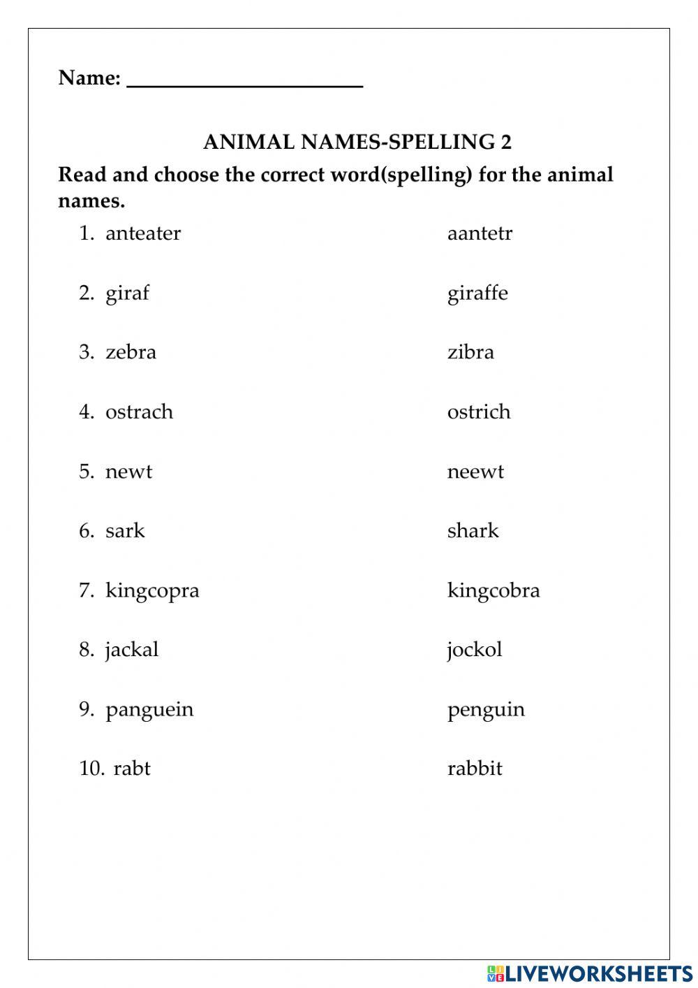Animal Names-Spelling2