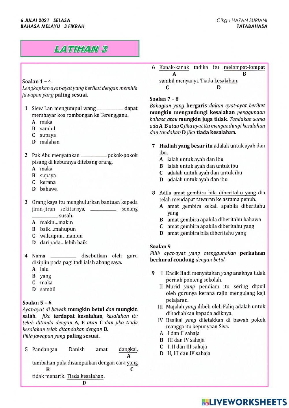 Latihan 3: KATA HUBUNG Selasa 6 JULAI 2021