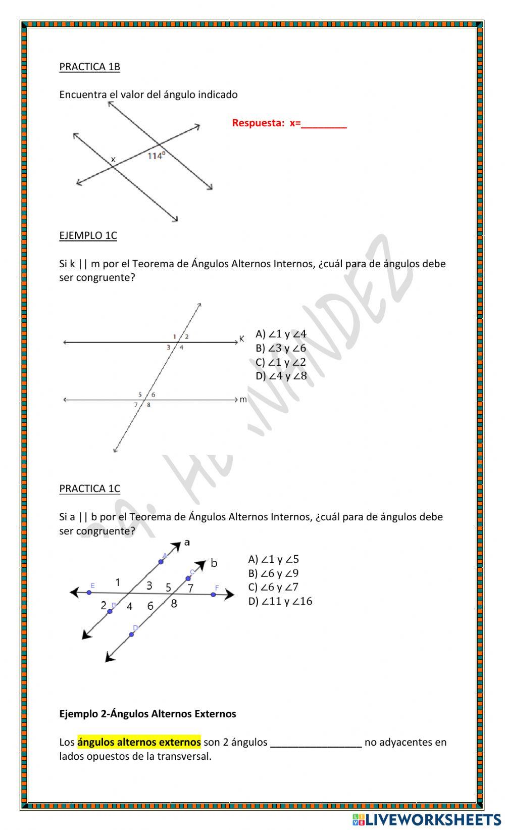 1.A.1.c Propiedades de rectas paralelas y perpendiculares  (Ángulos formados por líneas paralelas y transversales)