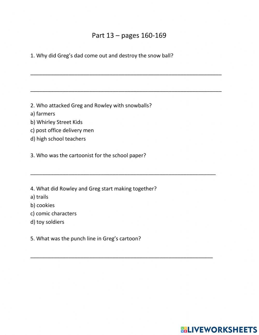 Diary of a Wimpy Kid Comprehension Questions worksheet | Live Worksheets