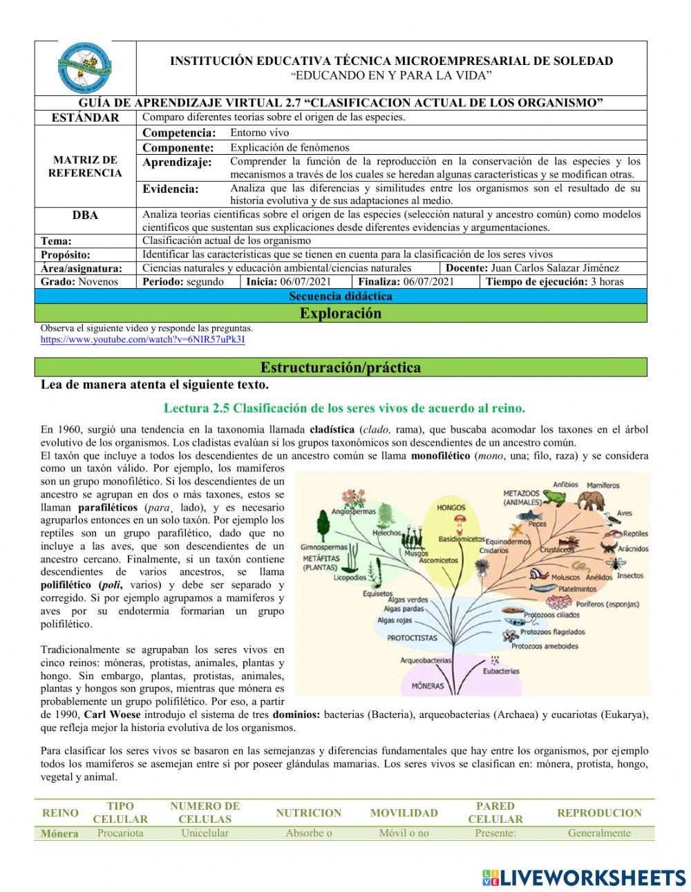 Clasificación actual de los organismos