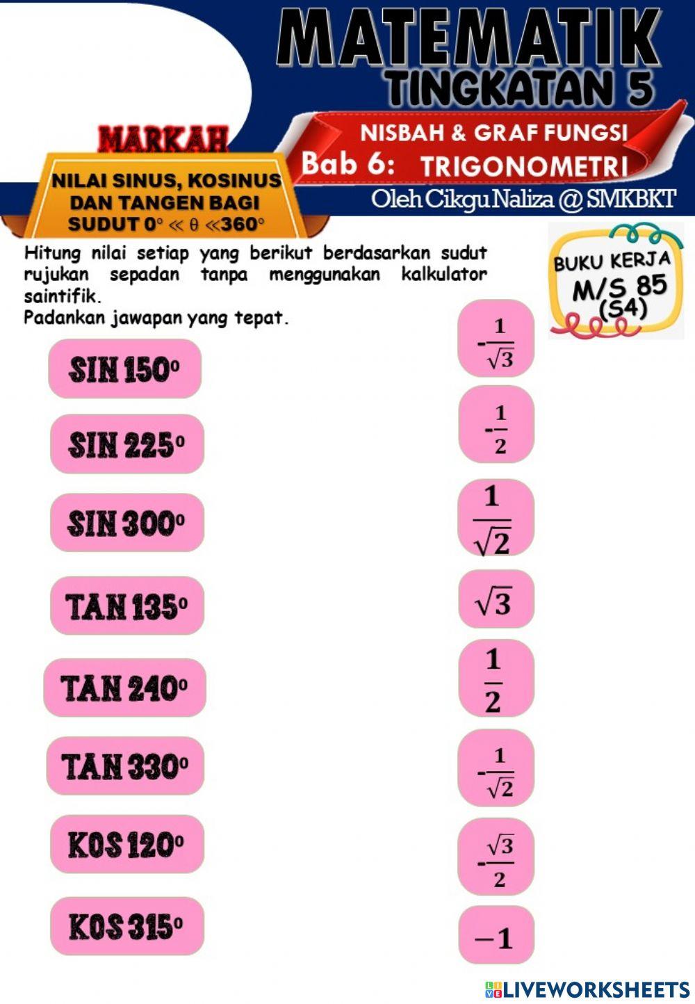 Nilai sinus, kosinus dan tangen bagi sudut 30, 45 dan 60