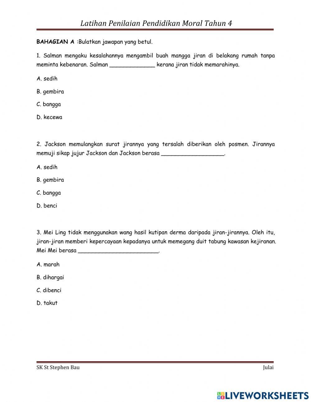 Penilaian subjek pendidikan moral tahun 4 julai 2021