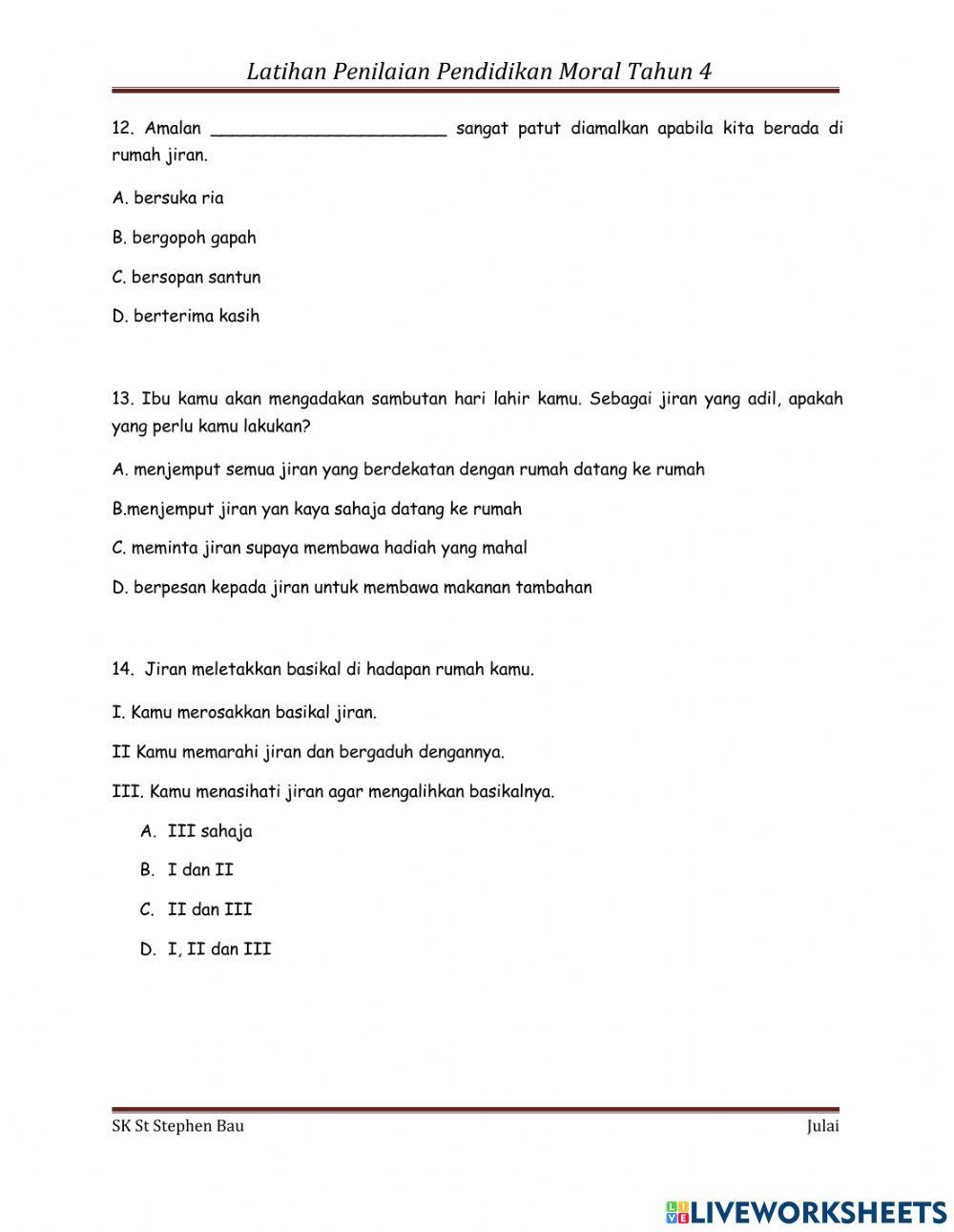 Penilaian subjek pendidikan moral tahun 4 julai 2021