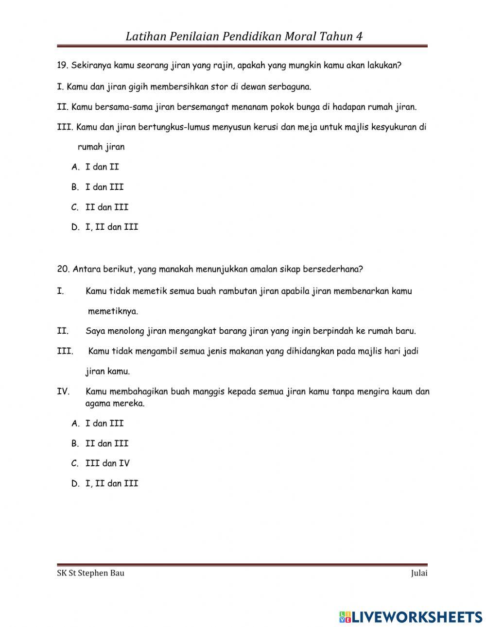 Penilaian subjek pendidikan moral tahun 4 julai 2021