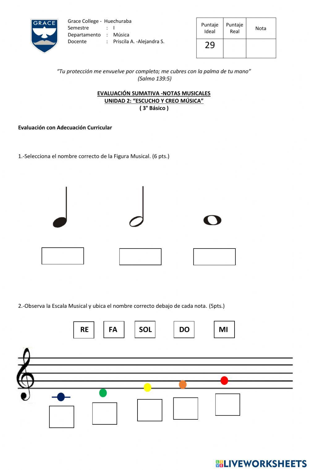 Evaluación Notas Musicales en Pentagrama