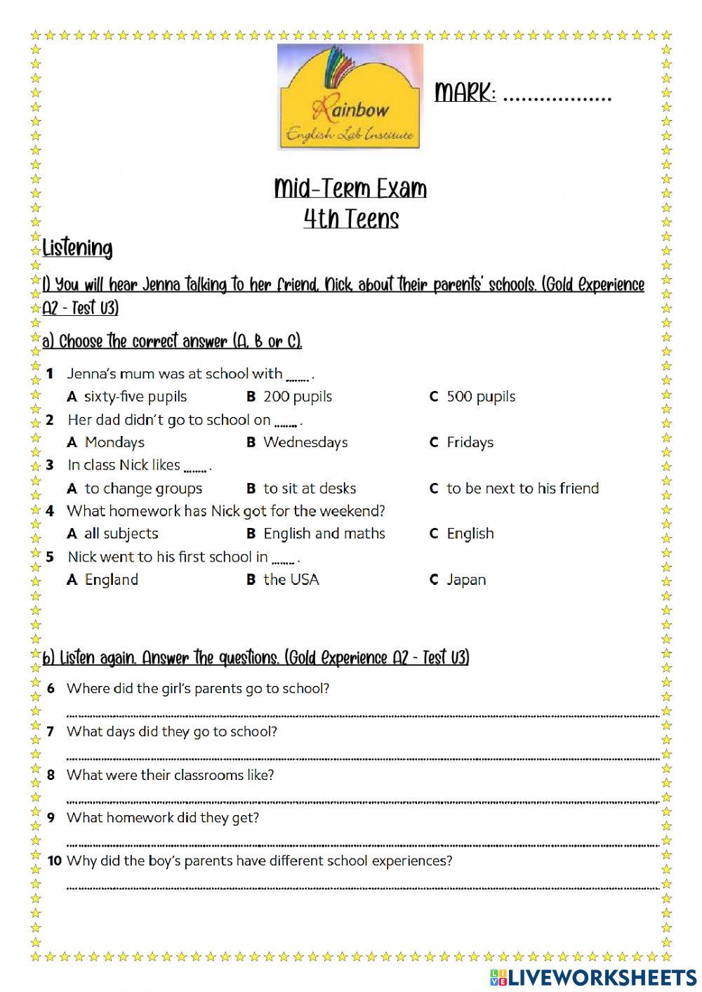 Mid term exam - 4th teens listening
