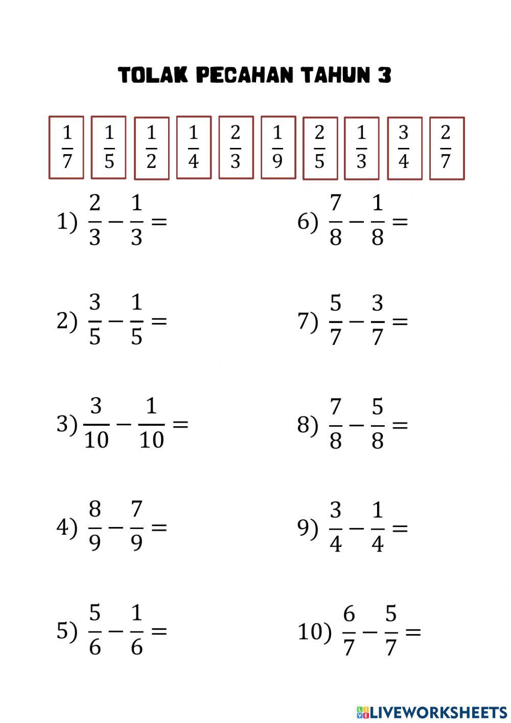 Tolak Pecahan Sama Penyebut Tahun  3