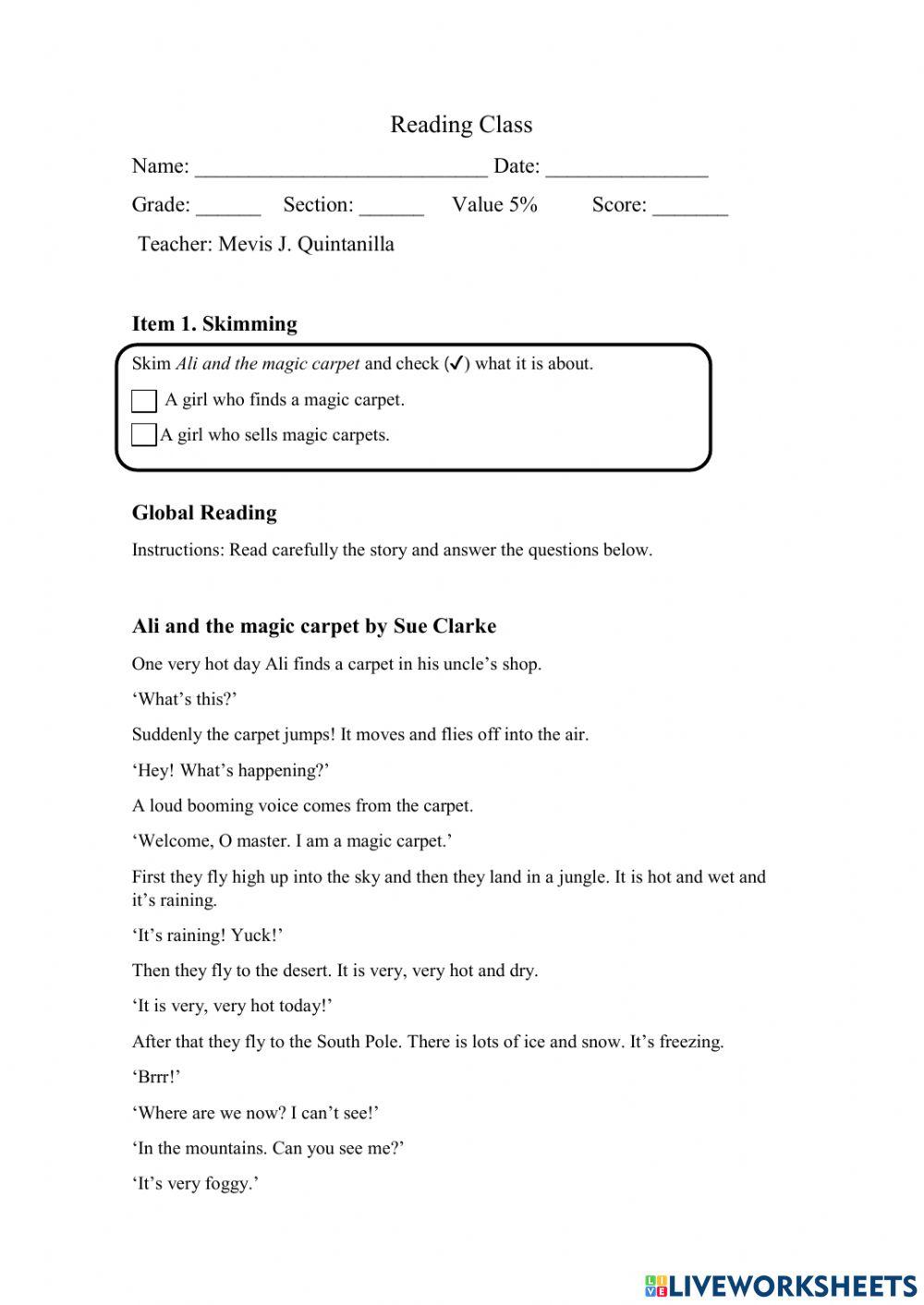 Ali and the magic carpet-Worksheet