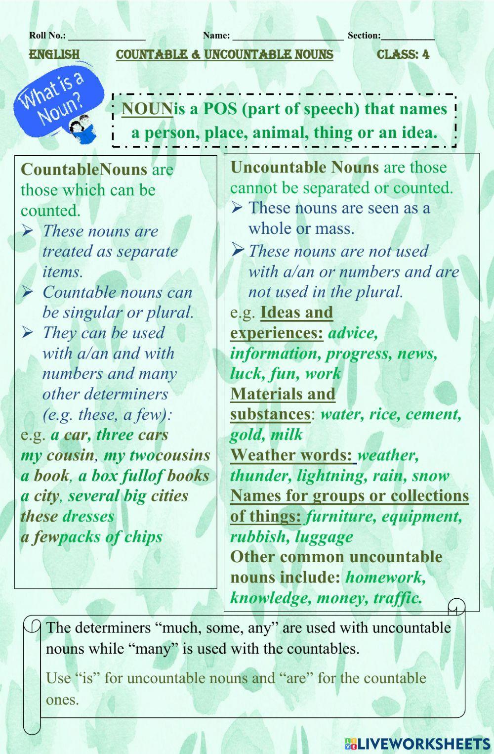 Countable Uncountable Nouns