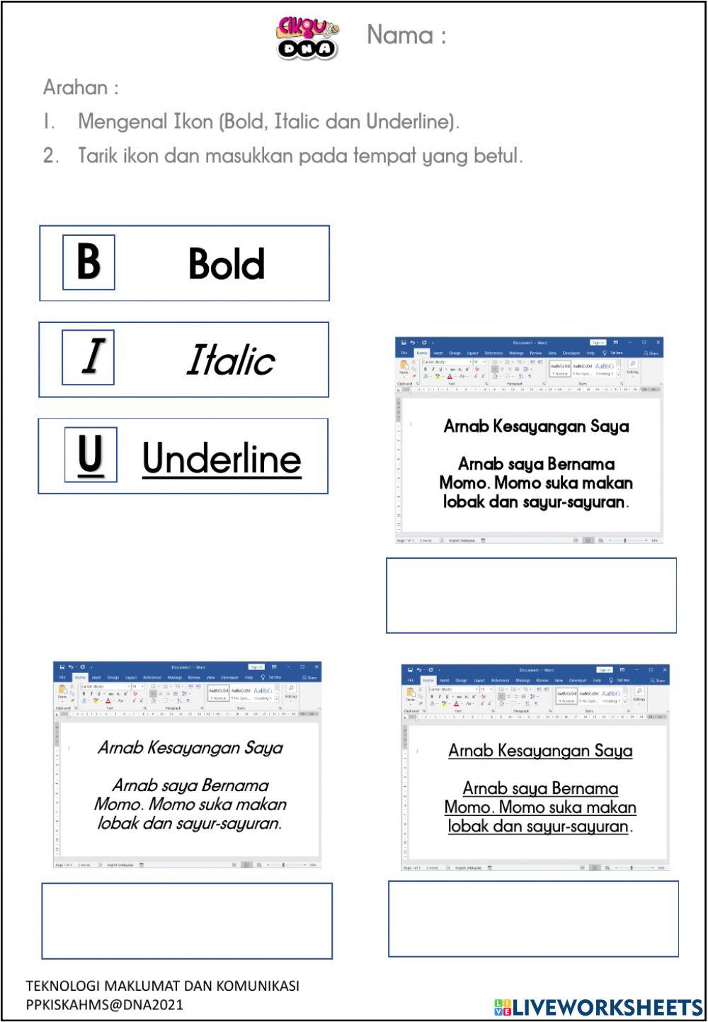 Ikon bold italic dan underline worksheet live worksheets