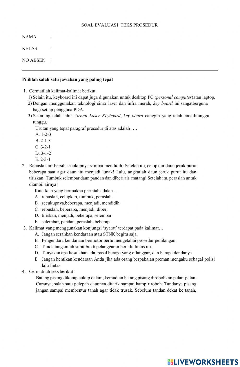 Soal evaluasi teks prosedur