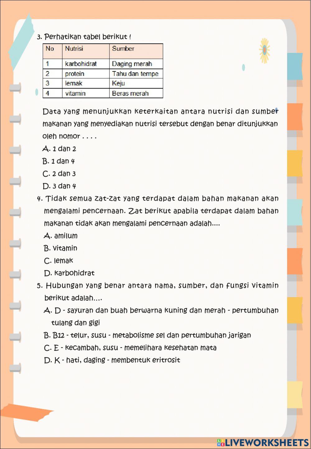 Soal evaluasi nutrisi pada makanan