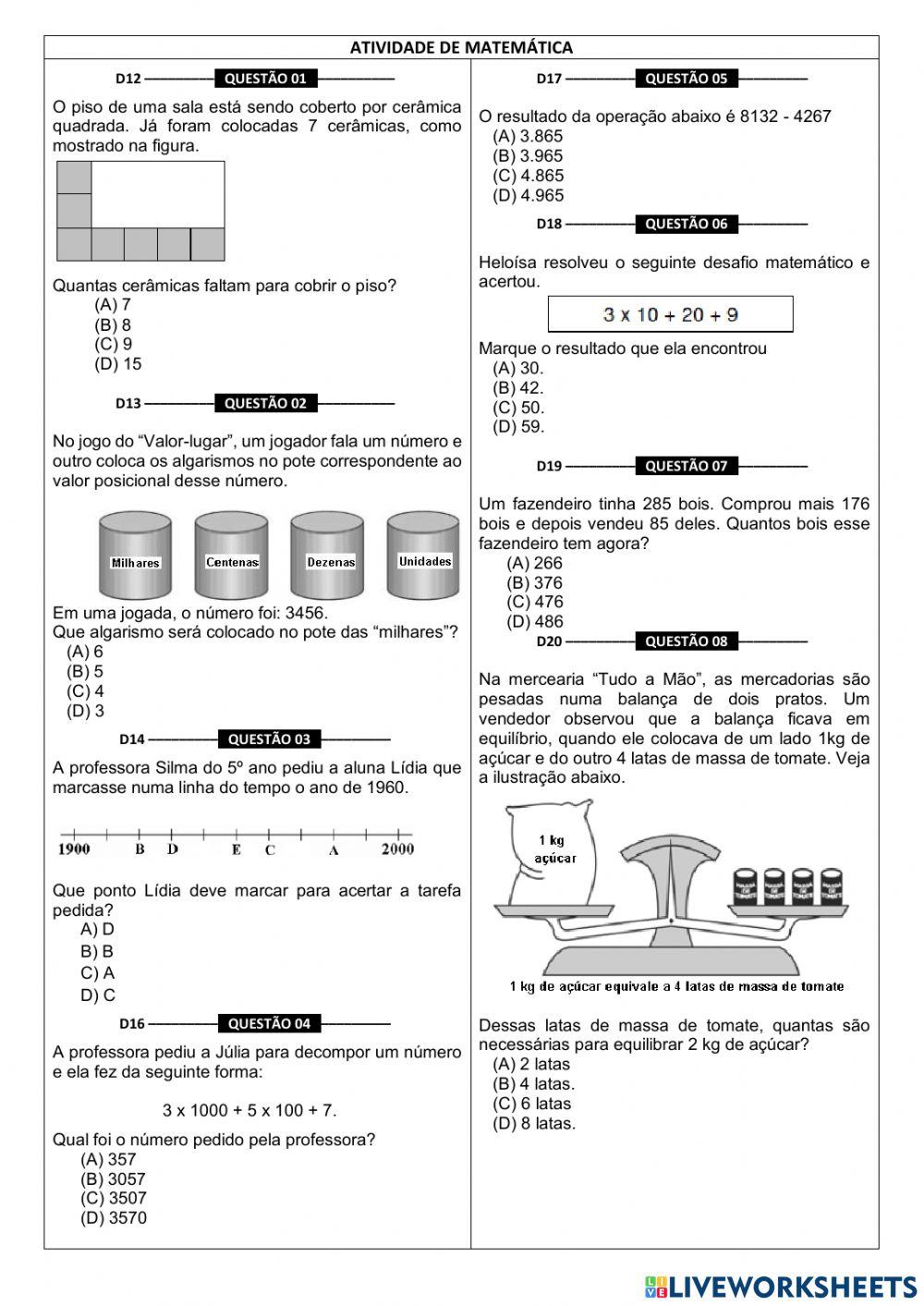 ➥ Quiz de Matemática 5º Ano Com Operações de Matemática Básica