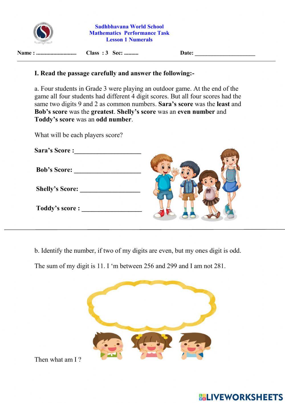 Grade 3 Performance Task based on Lesson -1 online exercise for | Live ...