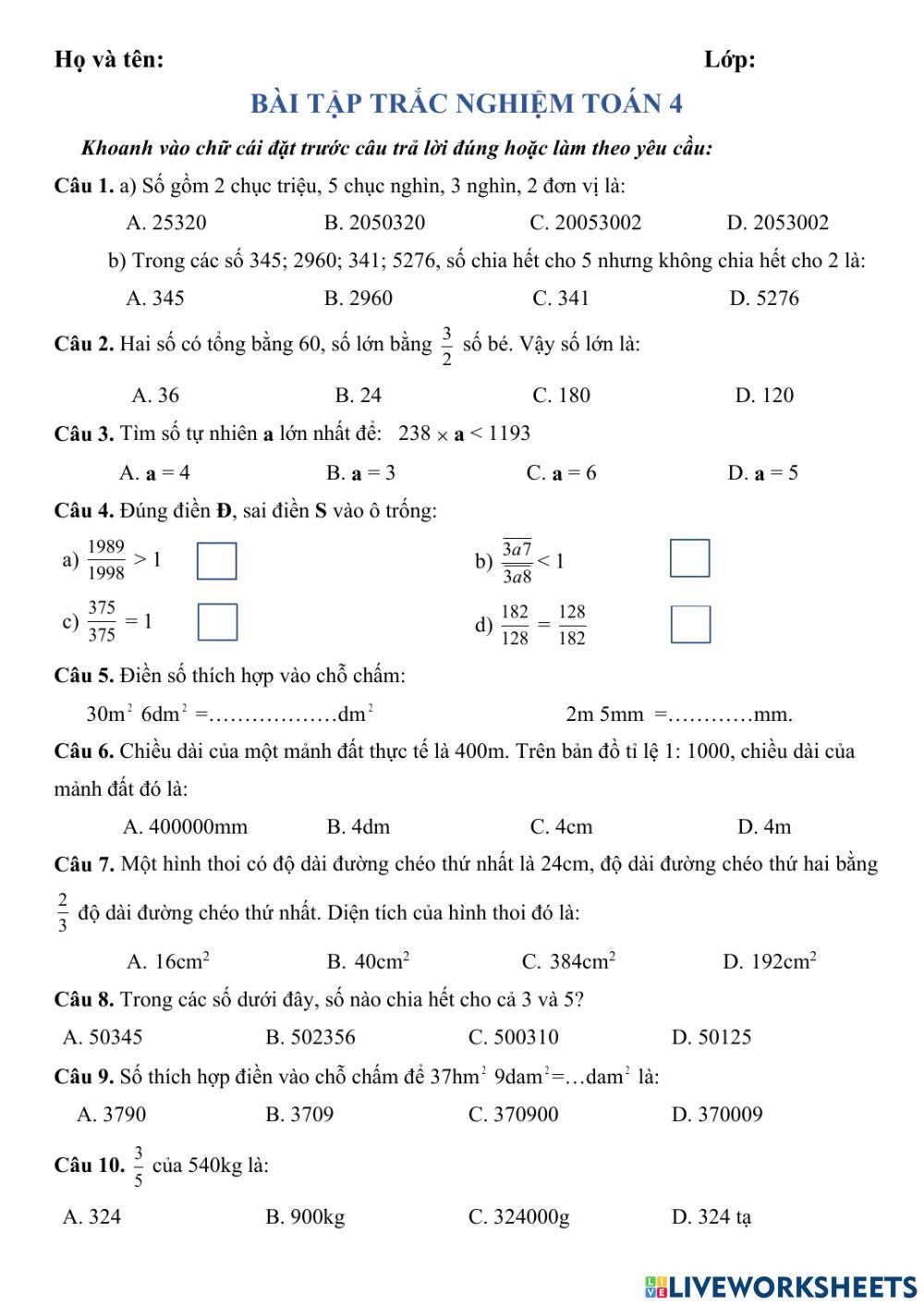 Bài tập trắc nghiệm toán 4