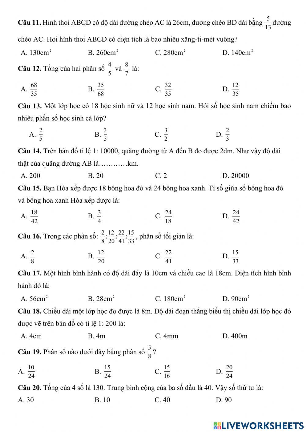 Bài tập trắc nghiệm toán 4