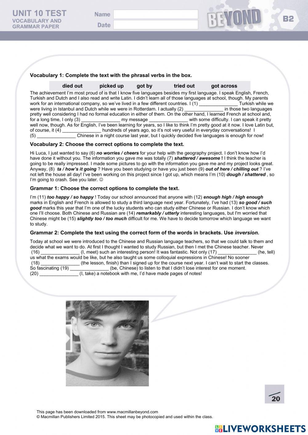 Young Adults Upper Intermediate Test (Units 9 - 10)