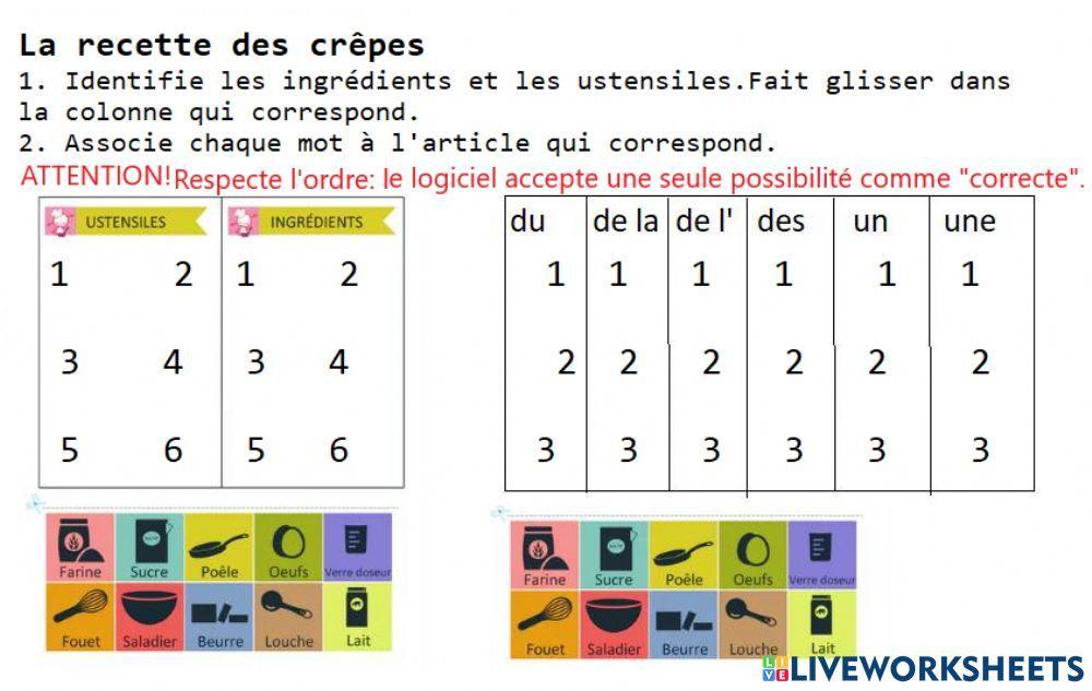 Recette de crèpes: ustensiles et ingrédients.
