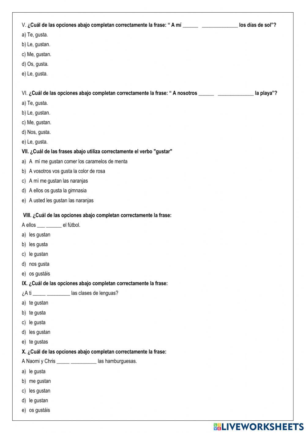 Teste de español. Verbo Gustar