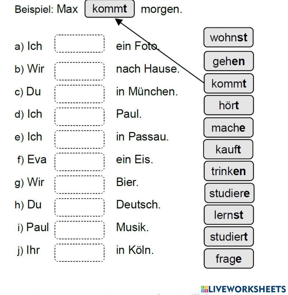 16-schwache Verben- Verbinde die Sätze mit den Präsens der schwachen Verben