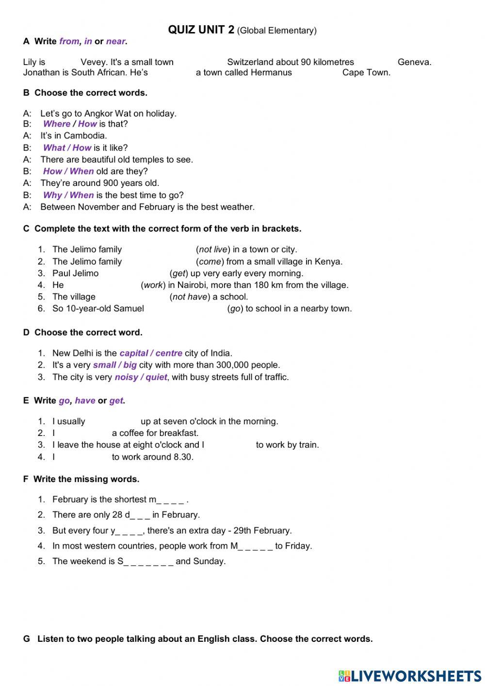 Global elementary Test Unit 2