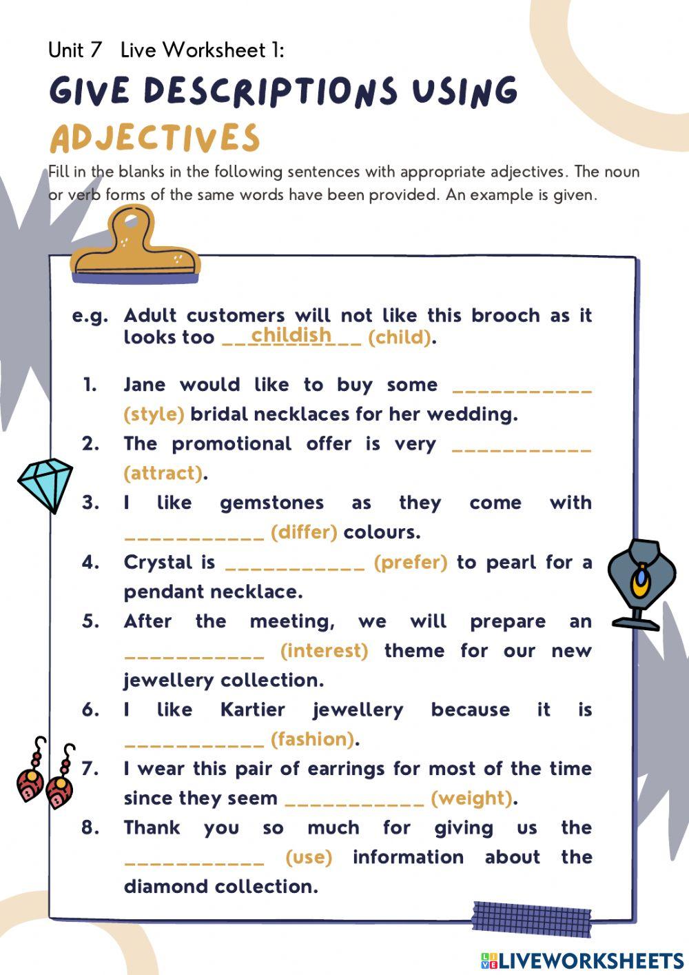 adjective unit worksheets